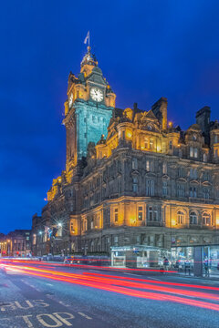 The Balmoral Hotel on Princes Street at Twilight, a historic building in the city.