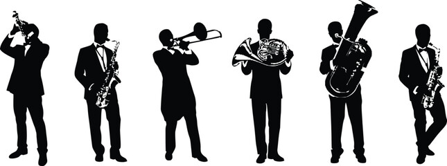 Jazz Band Musicians Playing Brass Instruments Silhouette Collection, Orchestra Performance, Concert Ensemble, Editable Vector Illustration Isolated Design Set © MdAjijul