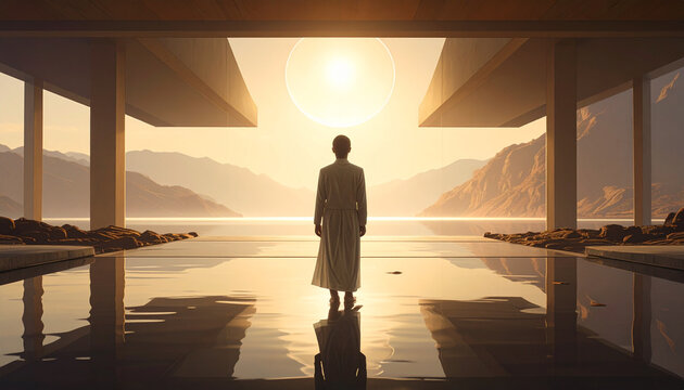 Silhouette Facing Sunrise in Modern Hall