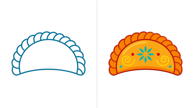 Decorative savory turnover pastry vector illustration in outline and colorful styles