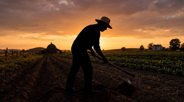 Solid black silhouette of a farmer working with a hoe, body slightly leaning forward in a cultivating stance.