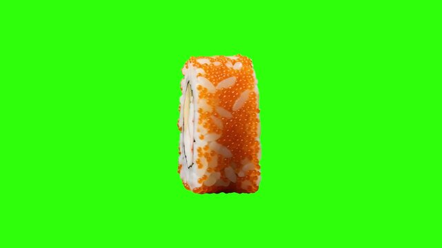 A 3D rendered California maki sushi roll coated in orange tobiko fish roe set on a green screen key. Great for video compositing, Japanese restaurant commercials, and food delivery app promos.