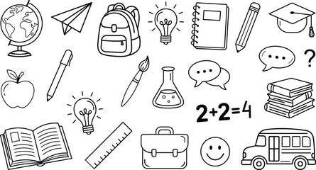 Back to school chalk doodles on blackboard with hand drawn education icons, books, science symbols, stationery and cute classroom elements in charcoal crayon vector style © Boshir