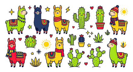 Obraz premium Cute Llamas and Cacti Cartoon Illustration