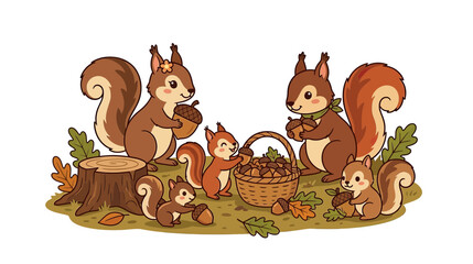 Cute Squirrel Family Gathering Nuts in Autumn Forest © veldar