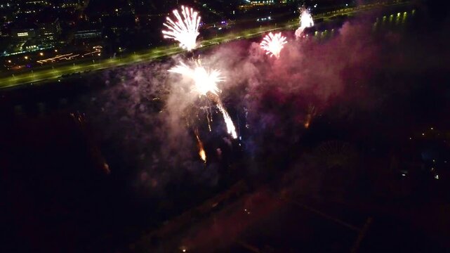 Fireworks over La Ronde and the Saint Lawrence River in Montreal, Quebec, Canada at night. g.