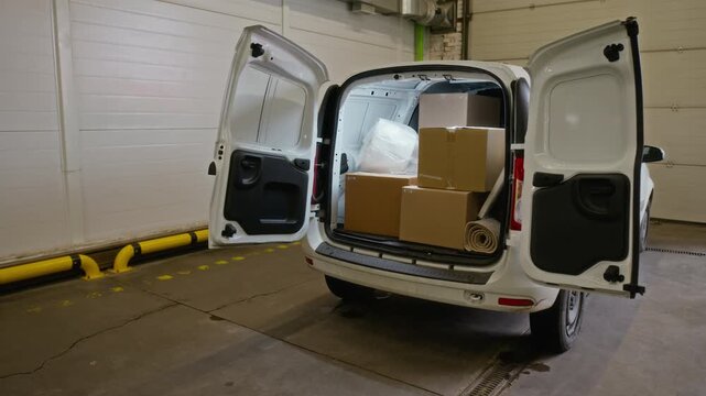 Delivery van standing inside storage unit with open back doors showing loaded cardboard boxes. Footage is ideal for logistics, ecommerce shipping, or moving services commercials