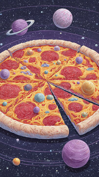 A Whimsical Cosmic Pizza: Delve into the Dreamy Intersection of Culinary Delights and Space Exploration, Featuring Slices Drifting Among Planets in a Galaxy of Flavor!
