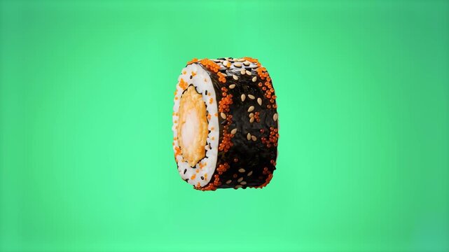 A piece of fried tempura futomaki sushi roll coated with sesame seeds and flying fish roe, isolated on a vibrant green studio backdrop. Great for modern sushi restaurant ads, fusion food packaging, fo