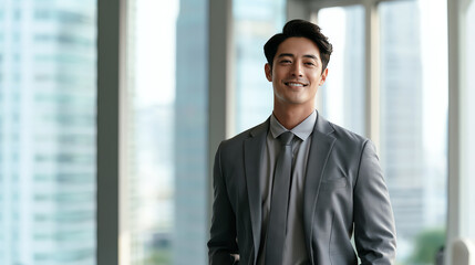 Fototapeta premium A confident businessman stands in a modern office, embodying professionalism and success against an urban backdrop.