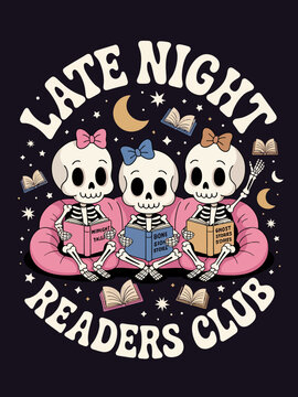 Three skeletons with bows sit together reading books.