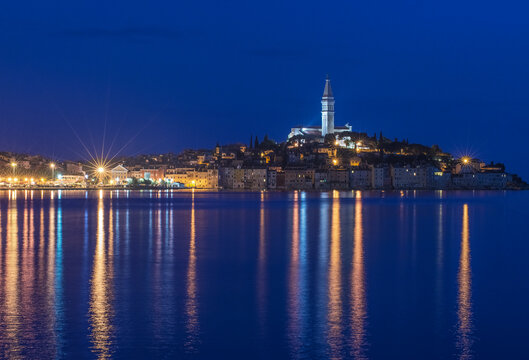 The town of Rovinj on the Istrian Peninsula at night.