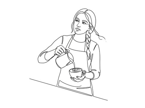 Woman pouring coffee - continuous line art illustration