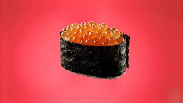 A detailed 3D model of ikura gunkan maki sushi topped with salmon roe, presented against a red backdrop. Ideal for Japanese restaurant commercials, digital menus, and vibrant culinary promos.