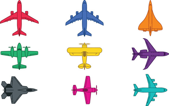 Aircraft Top View Collection with Passenger Airplane, Fighter Jet, Cargo Plane, Concorde, Biplane, and Aviation Vector Illustration Set