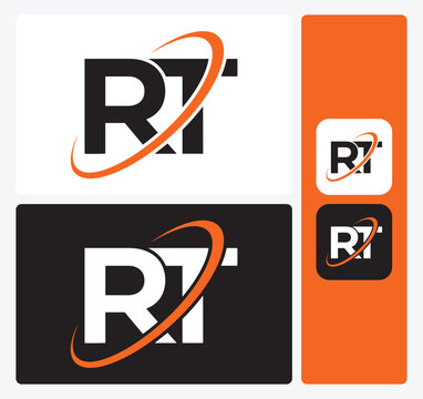 Abstract RT letter mark logo with swoosh element in orange and white isolated on white background