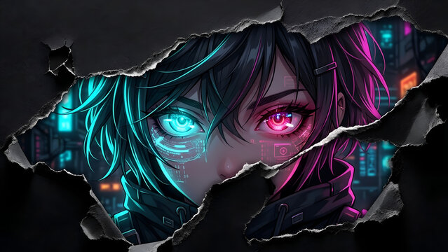 Cyberpunk Hacker Girl Eyes Behind Ripped Paper