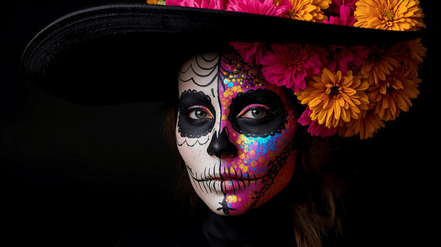 A woman wearing a wide-brimmed black hat adorned with colorful flowers wears striking Day of the Dead skull face paint against a dark background.