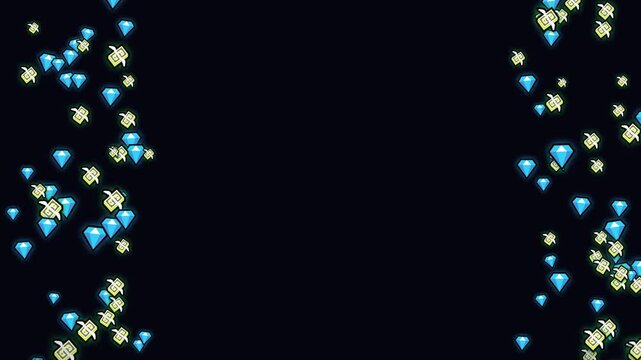 Diamond and flying money emojis floating up side edges on black