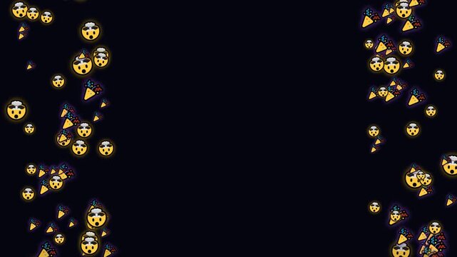 Party face emojis floating up side edges on black background