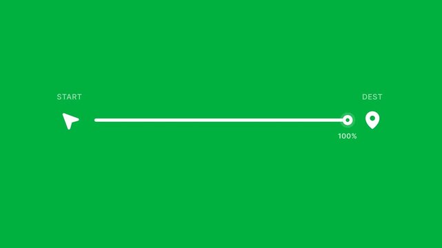Minimal travel route progress tracker on green screen background showing flight journey with