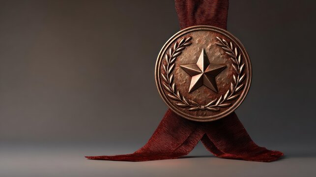 Close up of a bronze medal with a star and laurel wreath on a red ribbon against a neutral background symbolizing achievement and victory