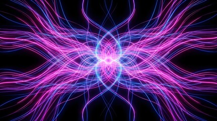 Fototapeta premium Symmetrical pink and purple energy waves on a black background.