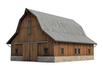Naklejka premium Traditional wood farm barn with weathered roof isolated on transparent background