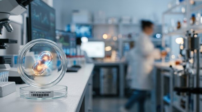 Laboratory scene featuring a glass petri dish with visible cell structures, microscope in the foreground, and blurred scientist working in the background
