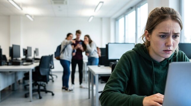 Young woman with brown hair in green hoodie focused on laptop screen while three students interact in background of modern classroom with computers