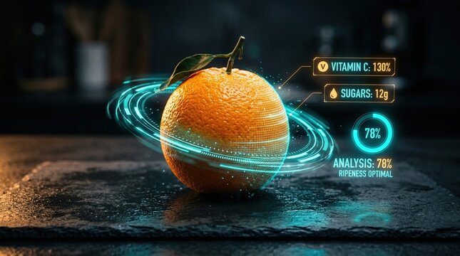 Orange fruit with digital overlay displaying nutritional information including vitamin C, sugars, and ripeness analysis on a dark textured surface