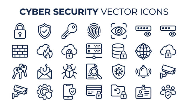 Modern vector line icons representing cyber security, data privacy, network protection, and digital safety concepts, perfect for digital interfaces and informational graphics