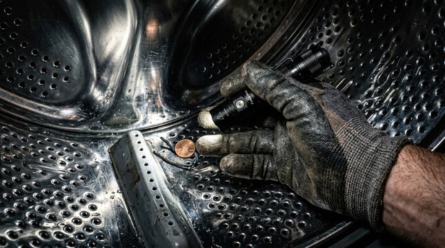 Hand of a technician wearing a black glove holding a flashlight and a coin inside a washing machine drum, showcasing the interior components and structure