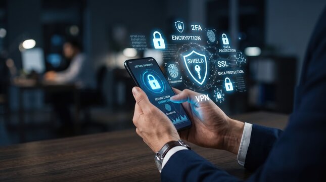 Businessman using smartphone with holographic cyber security interface showing encryption, firewall, two factor authentication, SSL shield protection icons for secure online