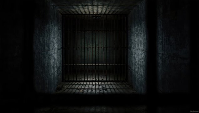 Concept of a prison cell. Outdated gritty concrete room model. Dimly lit jail decor. Vacant space. Focused detail.