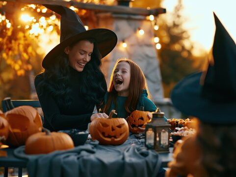Happy Family Carving Pumpkins Together for Halloween in Cozy Backyard Setting