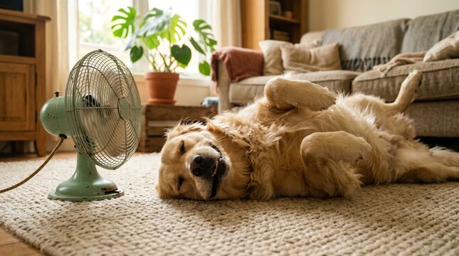 Golden retriever dog lying on its back in a cozy living room, vintage fan nearby, with potted plant and sofa visible in the background