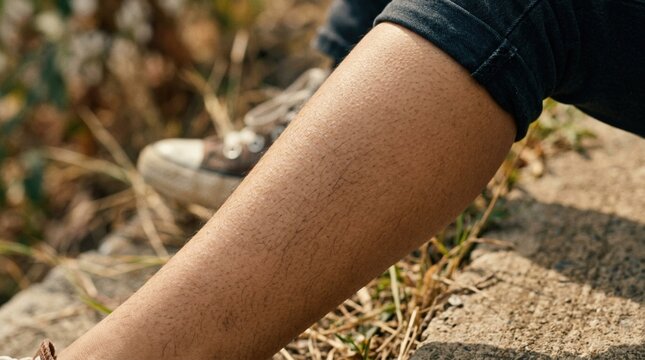 Close-up of a human leg with dark skin resting on a rocky surface, wearing black jeans and a sneaker, surrounded by grass and natural vegetation