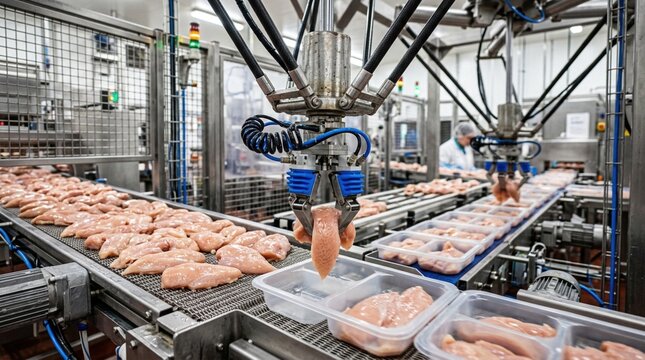 Automated processing line in poultry factory with robotic arms packaging chicken fillets into plastic containers on conveyor belts in a clean industrial environment