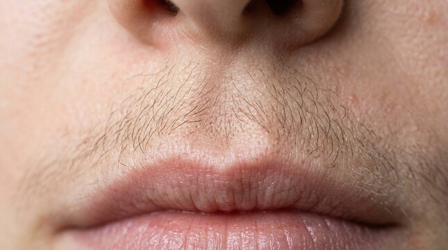 Close-up view of male facial features highlighting lips and mustache with fine hair texture, showcasing skin details and natural appearance