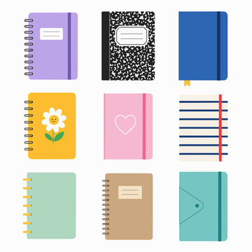 Set of illustrated spiral notebooks, composition book, journals, planner pages, and folder stationery