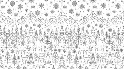 Naklejka premium Winter Forest Landscape with Deer and Snowflakes