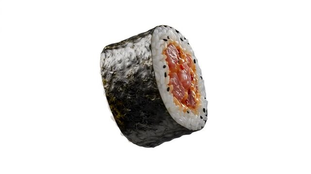 A fresh spicy tuna maki sushi roll wrapped in crispy seaweed nori with sesame seeds isolated on a clean white background. Great for Japanese restaurant menus, sushi bar advertising, Asian cuisine prom