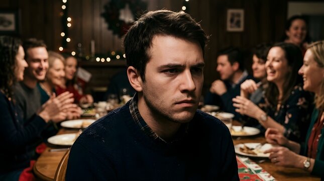 A young man feeling lonely and isolated while sitting at a festive family dinner party.
