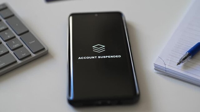 Smartphone screen showing unauthorized transactions and suspended bank account notification.