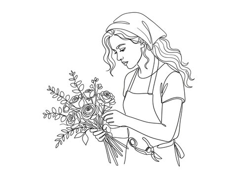 Woman holding flower bouquet - continuous line art illustration