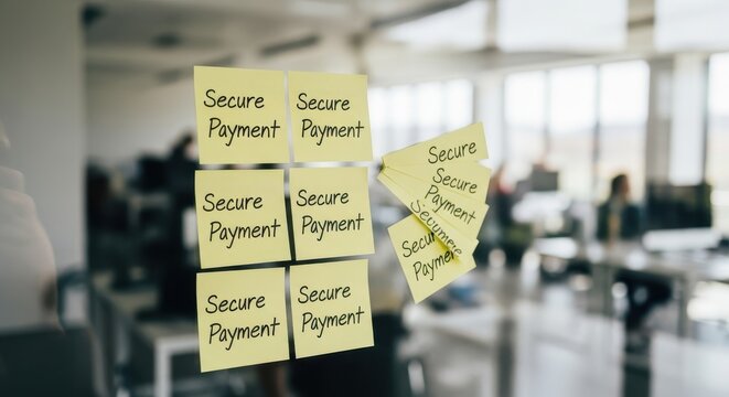 Multiple bright yellow adhesive sticky notes, each clearly displaying the crucial handwritten text 'Secure Payment', meticulously affixed to a translucent glass partition within a brightly lit,