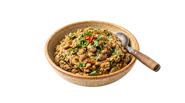 Traditional Kathal Bichi Bharta Mashed Jackfruit Seeds Garnished with Fresh Coriander and Red Chili Slice Top View