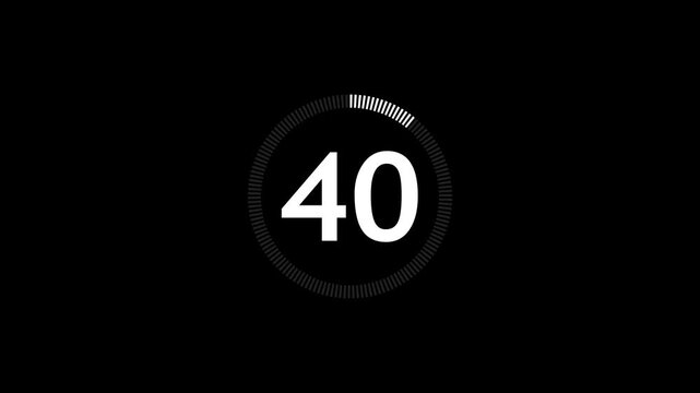 White circle countdown one minute animation from 45 to 0 seconds. Modern flat design with animation on dark black background.