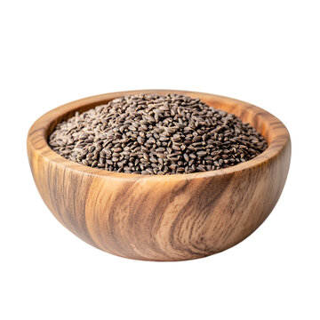 A wooden bowl filled with dry ajwain seeds isolated on transparent background